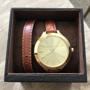 Michael Kors Wrap Watch Gold w Leather Band NIB